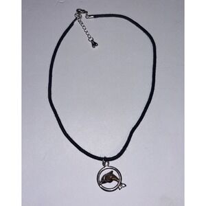 Black Cord Necklace with Silver Toned Dolphin Pendant